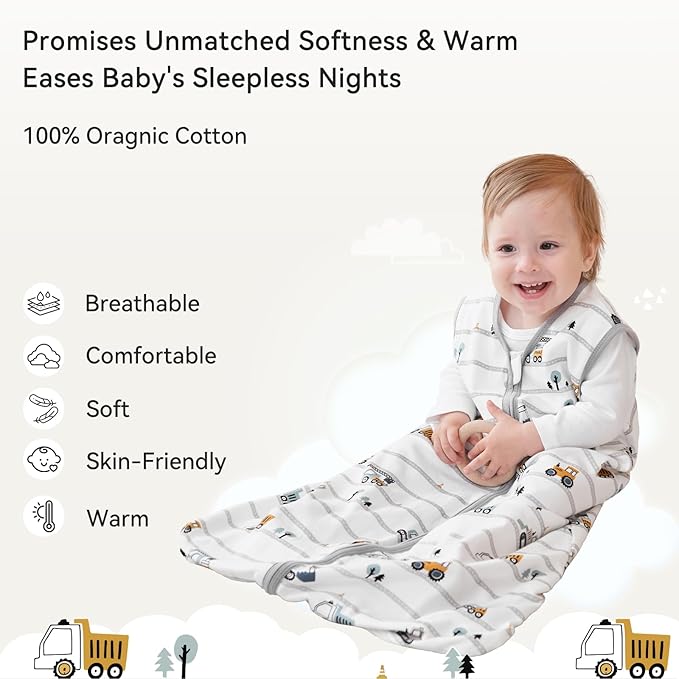 Baby Sleep Sack 18-24 Months 0.5 Tog Wearable Blanket Baby, 3 Pack 100% Cotton Lightweight Sleeping Sack with 2-Way Zipper for Infant Toddler Excavator