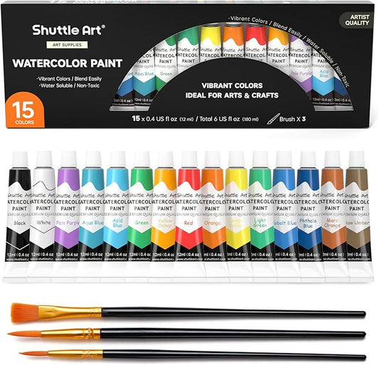 Shuttle Art Watercolor Paint Set, 15 Colors Watercolor Paint in Tubes (12ml Each) with 3 Brushes, Rich Pigments, Easy to Blend, Perfect for Kids, Artists, Beginners, Students