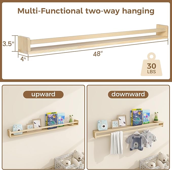 Fun Memories Nursery Book Shelves - Rustic Natural Solid Wood Floating Bookshelf for Kids - Wall Book Shelves for Kids Room (Natural, 48inch - 2P)