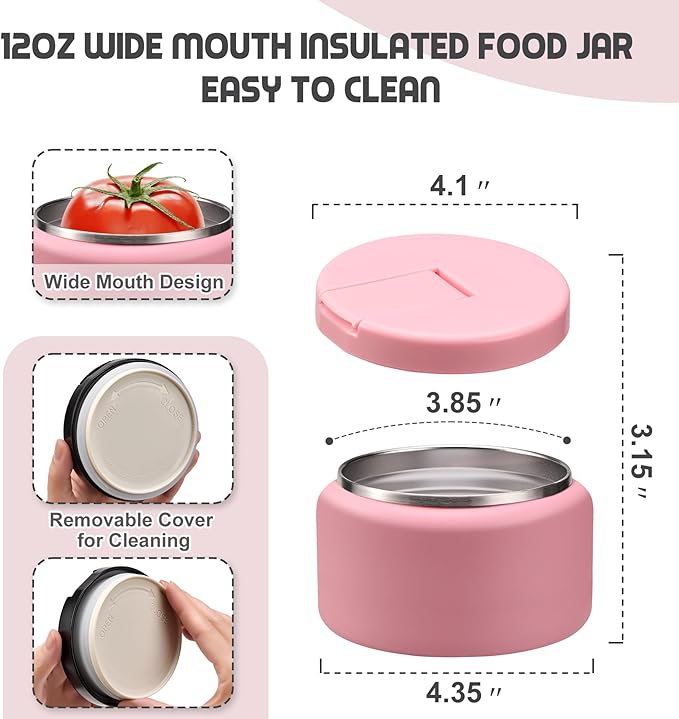 13.5oz Soup Thermo for Hot Food Kids with Buckle Lid Insulated Vacuum Food Jar Wide Mouth Leakproof Stainless Steel Lunch Container- Pink