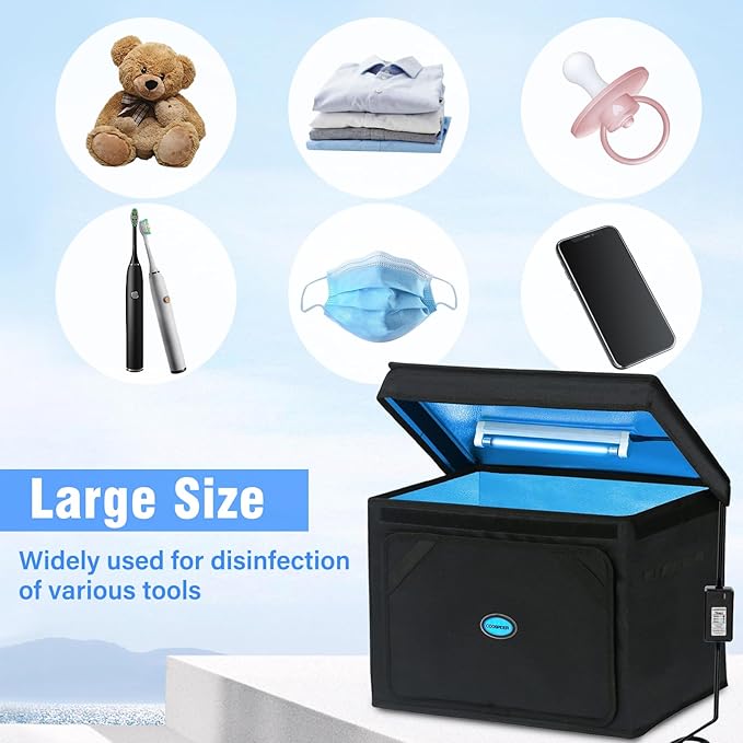 Large UVC Sanitizer Box with Ozone, Foldable Cleaner Bag with Timer, 36L/9.5gal UV Light Bulb Black Tote for Shoes, Cell Phone, Baby Bottle, Key, Towel