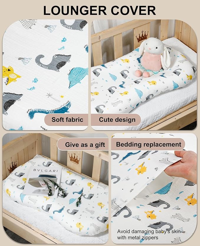 Muslin Baby Lounger Cover for Snuggle Me Organic Lounger/Baby Lounger/Organic Cotton Handmade Cover for Infant/Toddler Lounger/Nursing Pillow(White with Dinosaur, Wheat)