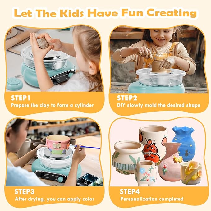 Pottery Wheel for Kids: Complete Pottery Painting Kit for Beginners - Adjustable Speed & Detachable Turntable - Pottery Tools and Art Supplies - Crafts Kits for 6 7 8 9 10 11 12 Year Old Girls & Boys