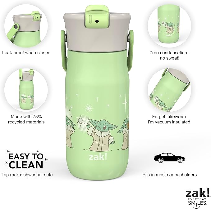 Zak Designs Harmony Star Wars The Mandalorian Kid Water Bottle for Travel or At Home, 14oz Recycled Stainless Steel is Leak-Proof When Closed and Vacuum Insulated (Baby Yoda, Grogu)