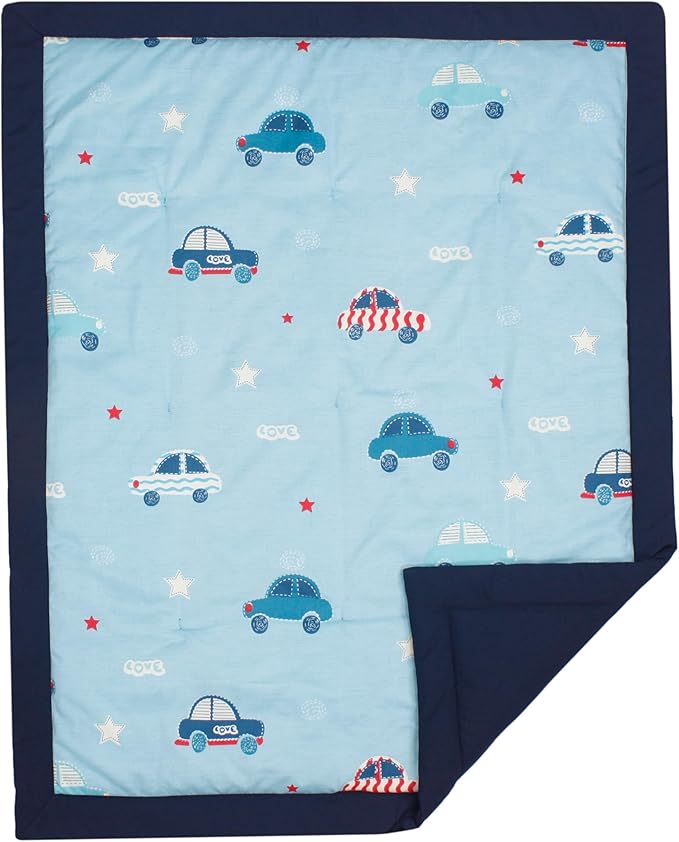 CaSaJa Baby 3-Piece Crib Bedding Set for Boys Girls, Including Soft Quilted Comforter(Blanket), Fitted Crib Sheet and Skirt, Soft Nursery Bedding Set Made of Silky Comfy Materials, Love Cars