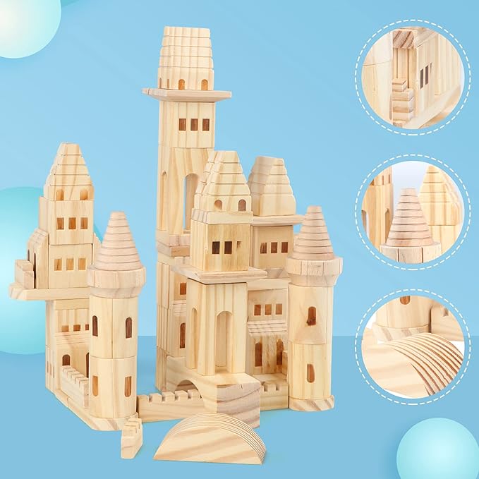75 Pieces Wooden Castle Blocks Medieval Knights Princesses Wooden Castle Building Blocks Kit for Kids Boys and Girls