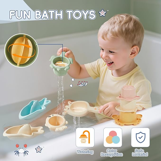 Bath Toys, 21PCS | Montessori Toys for Babies with Shapes for Sorting Play & Stacking Cups | Bath Boats & Spoon with Storage Container | Educational & Mold Free Bathtub Water Toys for Toddler Gifts