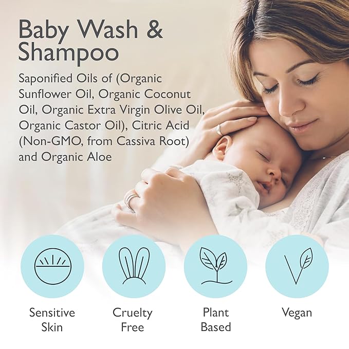 SoCal Suds & Company Baby Shampoo & Body Wash, 2-in-1 Organic Gel - Gentle Castile Soap with Vitamin-Infused Oils & Botanicals for Sensitive Skin & Body Hypoallergenic - 12oz Fragrance Free