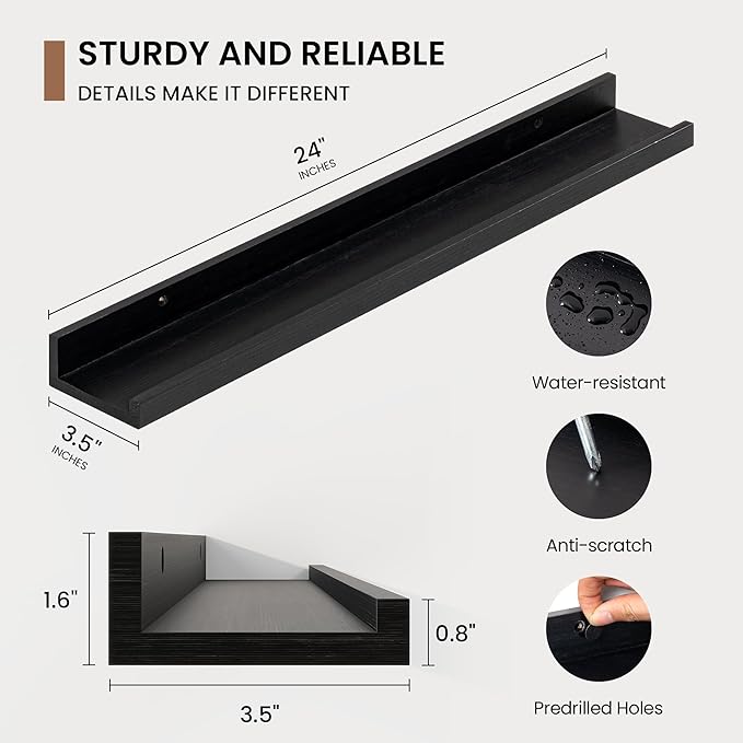 Picture Ledge Shelf, Solid Pine Wood Floating Shelves Set of 2, 24 Inches Nursery Book Shelves for Toys Storage, Kids Bookshelf Wall Mounted for Living Room Bedroom Decor Books Photo Frames, Black