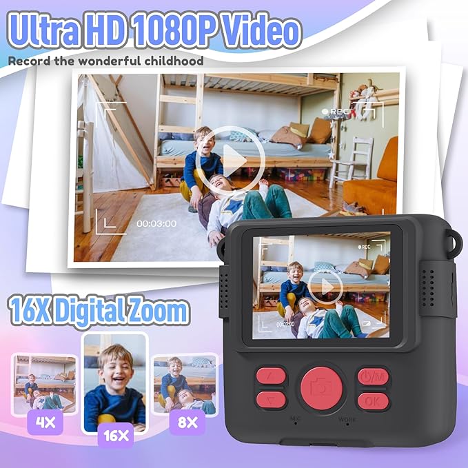 Kids Camera Instant Print, Christmas Birthday Gifts for Kids Age 3-12, Selfie Digital Camera with 1080P Videos,Toddler Portable Travel Cameras Toy for 4 5 6 7 8 9 Year Old Boys Black