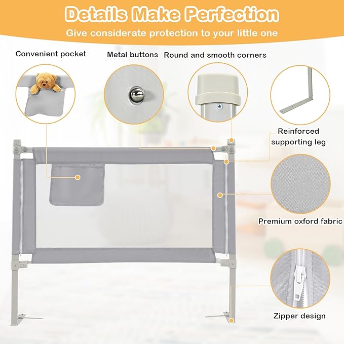BABY JOY Bed Rail for Toddlers, 47''Long, Height Adjustable & Foldable Baby Bed Rail Guard w/Storage Pocket & Double Safety Child Lock for Kids Twin Double Full Size Queen King Mattress (Grey)