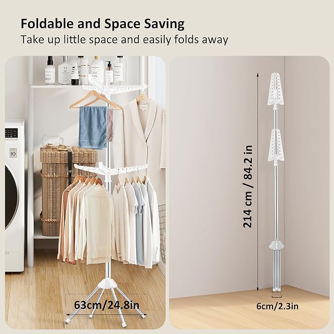 SUYU Clothes Drying Rack,Folding Clothes Drying Tree, 2 Layer with 6 Rotatable Arms,72-Inch Indoor Clothes Rack,Stainless Steel,4 Legs,White and Silver SNJ202