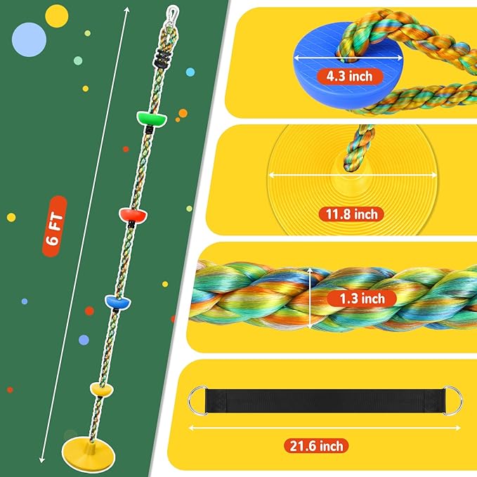 Tree Swing Rainbow Climbing Rope, Heavy Duty Swing Disc Seat Replacement for Kids with Hanging Strap and Platform Carabiners Indoor/Outdoor Playground Accessories (Yellow)