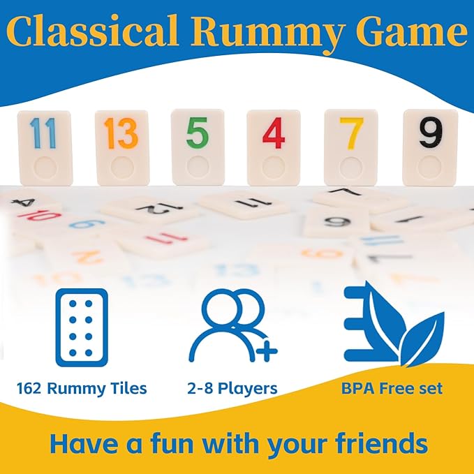 Deluxe Rummy Cube Game Set 6 Colors with 8 Wooden Racks 162 Rummy Tiles, Travel Family Board Game for Adults and Kids
