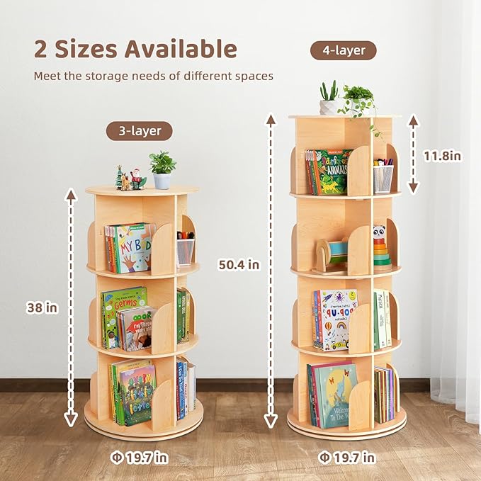 OOOK Rotating Bookshelf for Kids & Adults, Spinning Bookshelf Tower with Large Capacity for Small Space, 360° Display 4 Tier Floor Small Round Corner Shelf for Library, Bedroom, Living Room, Office