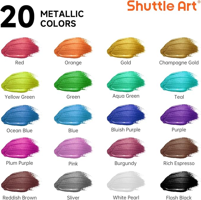 Shuttle Art Metallic Acrylic Paint Set, 20 Colors Metallic Paint in Bottles (60ml, 2oz) with 10 Brushes and 1 Palette, Rich Pigments, Non-Toxic for Artists, Beginners on Rocks Crafts CanvasWood Fabric