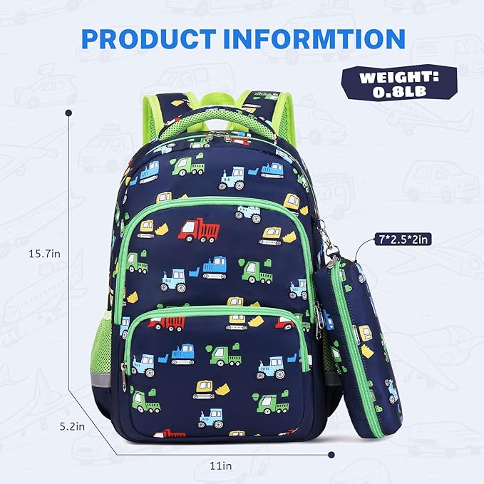 mygreen 3PCS Kids Backpack Set - Waterproof Bookbag with Lunch Box for Boys Ages 3-12, Adorable Cartoon Prints for School & Outdoor Use Blue Green Truck