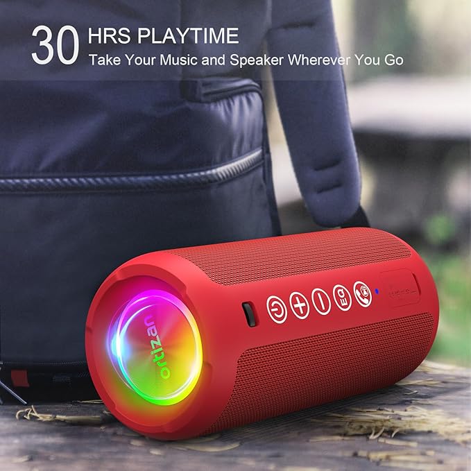 Ortizan Portable Bluetooth Speaker: IPX7 Waterproof, 24W Loud Sound, Deep Bass, Bluetooth 5.3, LED Lights, Wireless Stereo Pairing, 30H Playtime, for Home/Outdoor/Party/Beach, Birthday Gift (Red)