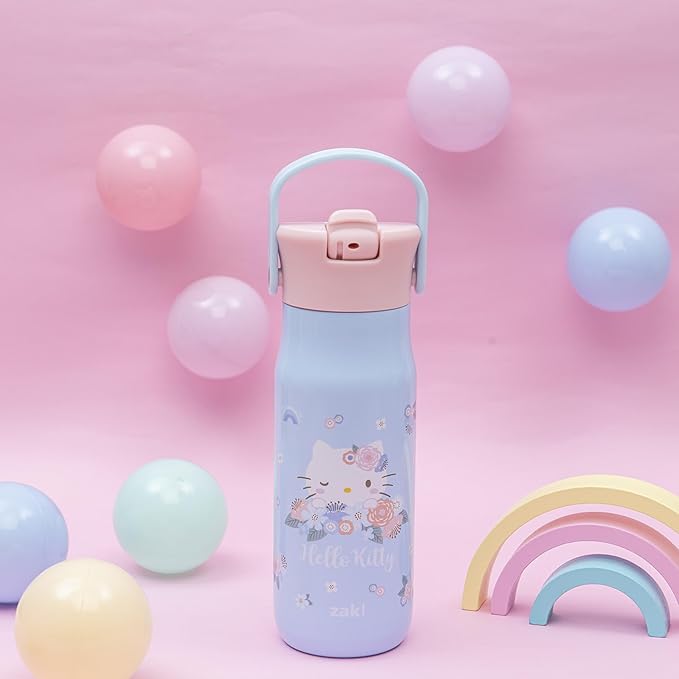 Zak Designs Harmony Hello Kitty 20oz Water Bottle for Travel or At Home, Recycled Stainless Steel is Leak-Proof When Closed and Vacuum Insulated with Straw Lid and Carry Handle