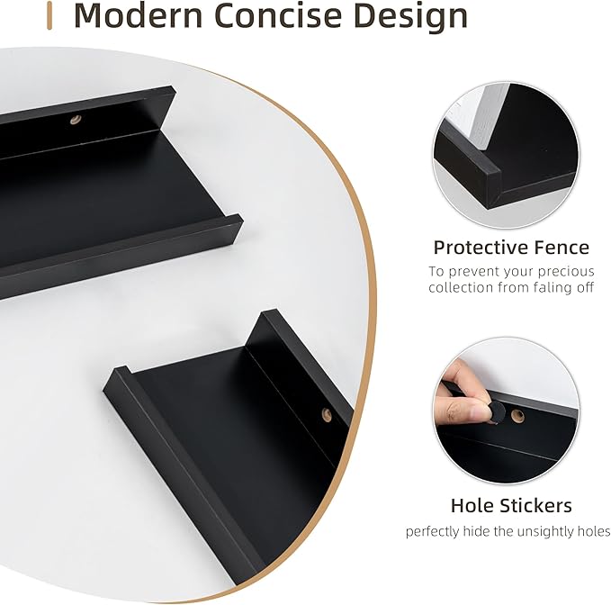 Picture Ledge Shelf, Wood Floating Shelves Set of 4, 24 inch Picture Ledge Shelves, Photo Ledge Nursery Book Shelves Wall Mounted for Living Room Kids' Room Bedroom, Color Black