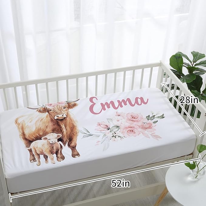 Personalized Baby Crib Bedding Set for Baby Girls, Pink Highland Cow Pattern Custom Name Baby Crib Sets 5-Pcs, Toddler Double Layer Blanket Fitted Sheets Changing Pad Cover Rug Wall Art Set