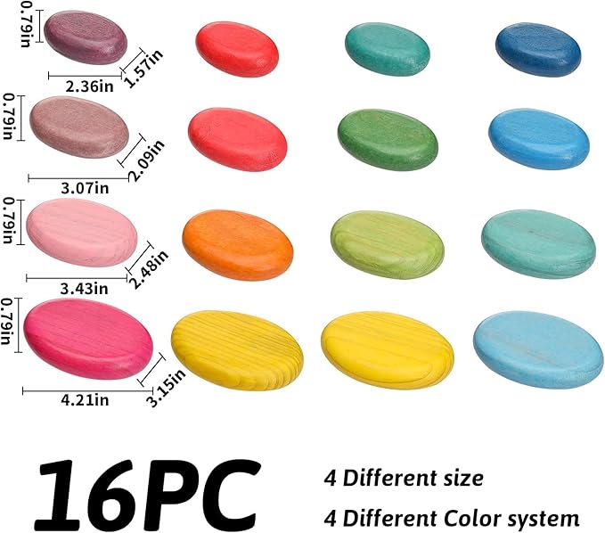 OESSUF 16pcs Extra-Large Wooden Sorting Stacking Rocks - Safe Montessori Toys for 1-3 Year Old, Waldorf Wooden Blocks for Toddlers 1-3, Smooth Stacking Stones for Toddlers, for Kids