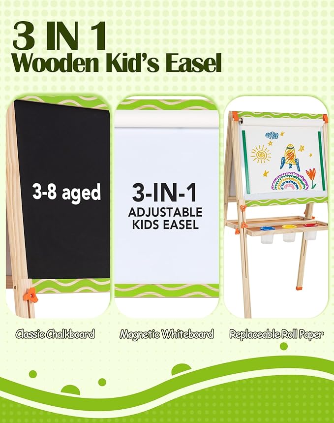 Kids Easel 3-1 Adjustable Art Easel Wooden Drawing Board Double-Sided with Magnetic Whiteboard & Chalkboard for Ages 3-8, Foldable Design Includes Paper Roll