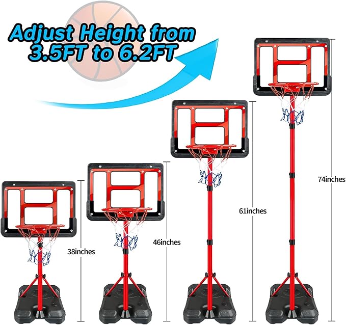 Boys Toy Gifts for 3 4 5 6 7 8 Years Old, Kids Basketball Hoop Adjustable Height 3.5FT-6.2FT, Mini Basketball Hoop for Kid Boys, Basketball Goal Toys Outdoor Indoor Game Gifts for Boys, Red