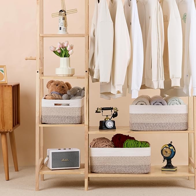 Large Storage Baskets for Shelves, Closet Organizers Bins for Clothes Blanket Towels, Baby Nursery, Toy Baskets Box, Woven Rope Baskets, 17 x 13 x 7.5”, 2 Packs Gradient Brown