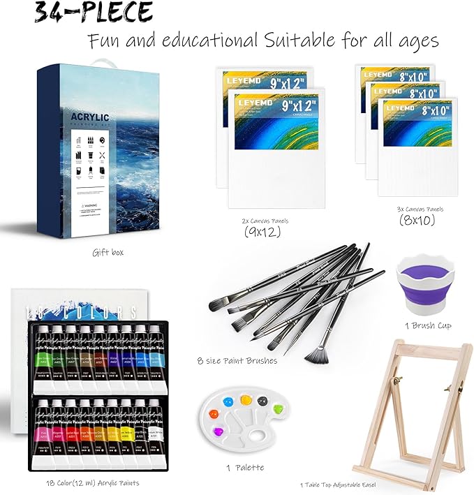 LEYEMO Acrylic Art Set, Paint Set, Painting Kit, Acrylic Paint Sets for Kids, Canvas Set with 18 Acrylic Paints, 8 Painting Brushes, Art Supplies for Kids, Adults, Beginners