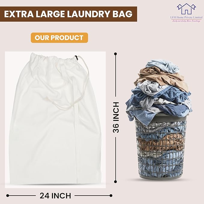 LFH Home Cotton Canvas Extra Large Laundry Bag with Handle, Stylish Drawstring Heavy Duty Laundry Bags For Travel, Home, Hotel, College Dorm and Camp Storage Bag 24x36 Inch, Machine Washable - White