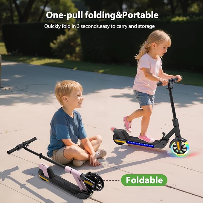 Electric Scooter for Kids Ages 6-12， Max Speed 6.5MPH, max Range 6Miles， with Acceleration Throttle and Electronic Brake， Foldable and Height Adjustable Kids Electric Scooter