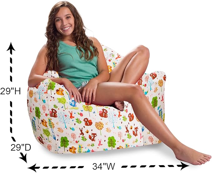 Posh Creations Structured Comfy Bean Bag Chair for Gaming, Reading, and Watching TV, Malibu Lounge, Canvas - Forest Critters on White