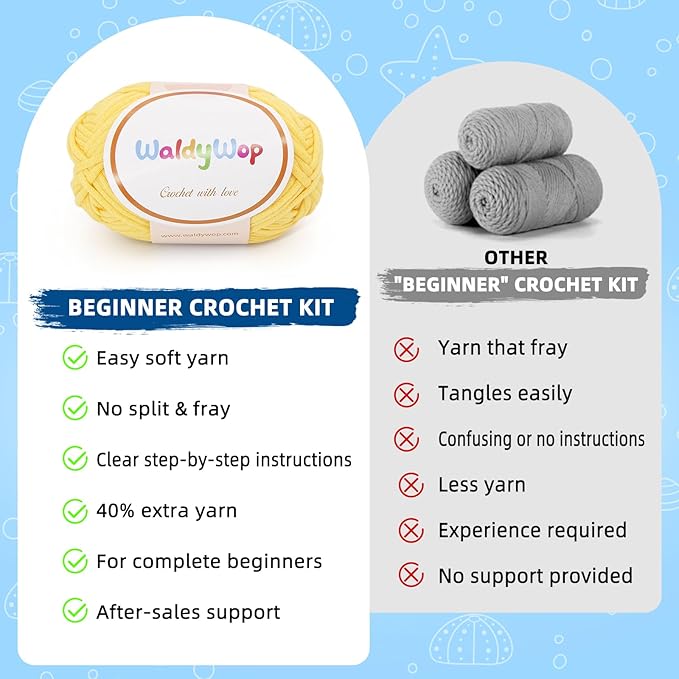 WaldyWop Crochet Kit for Beginners – 3PCS Ocean Friends Wobbles Crochet Animal Kit for Adults & Kids 8-12 – DIY Stress Relief Ball w/ 40% Extra Yarn, Easy Video & Instructions – Gift for Girls & Women