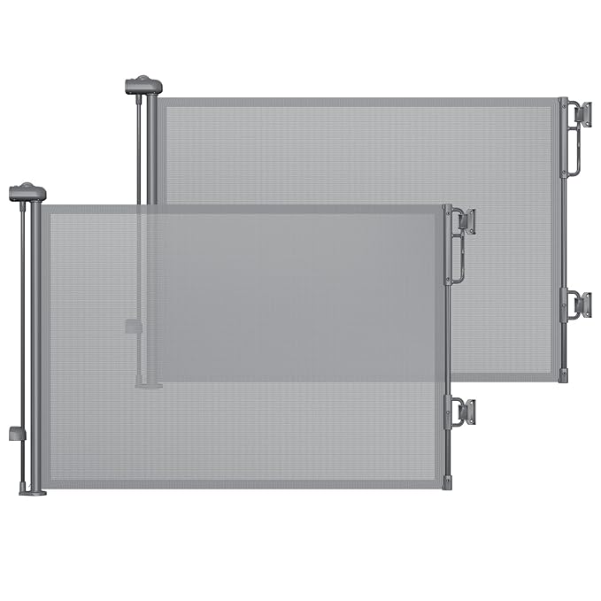 Cumbor 2-Pack Retractable Baby Gates for Stairs, 55" Wide Soft Mesh Pet Gate for Dogs with One Hand Opening, 34" Tall Toddler Gate with Top Lock for Bedroom, Doorways, Indoor/Outdoor, Gray