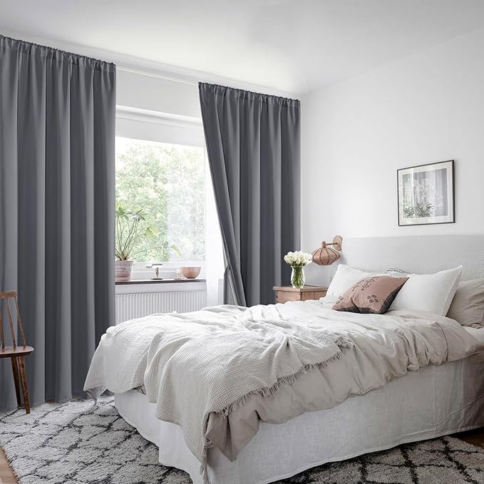 XWZO 100% Blackout Curtains 54 Inches Long with Tiebacks- Privacy Protection & Noise Blocking Rod Pocket Window Draperies with Black Liner for Bedroom/Living Room, Dark Grey, W52 x L54, Set of 2