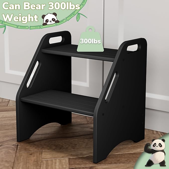 AMBIRD Wooden Step Stool, 15.75'' H Potty Training Toddler 300 lbs Capacity with Safety Non-Slip Pads and Handles, Step Stools for Kids, Bamboo 2-Step Stool for Bathroom, High Beds (Black)