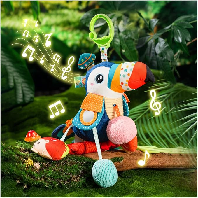 Jollybaby Musical Activity Pull String Hanging Toy for Baby Stroller Car Seat Crib Play Gym, Plush Stuffed Toucan Toy for Carseat with Music Teether Rattles, Sensory Toy for Baby Gift