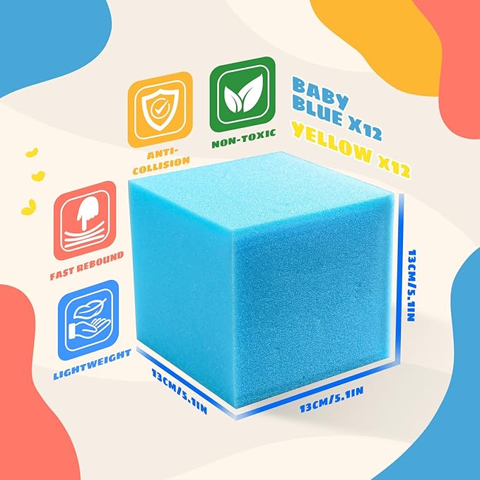 Foam Pit Cubes, 24 PCS 5 Inches Gymnastics Foam Blocks Trampoline Blocks, Multi-Sport Protective Padding for Freerunning, Trampoline, Parkour, Skate Parks & BMX - Blue & Yellow