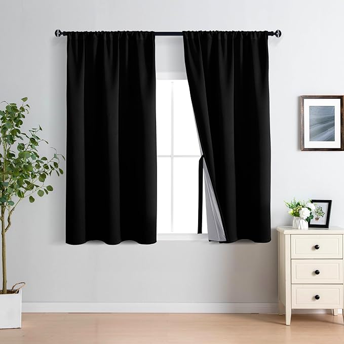 XWZO Black Blackout Curtains 2 Panels with Tiebacks- Rod Pocket Heat and Full Light Blocking Window Panels for Bedroom/Basement, 54 Inches Long Thermal Insulated Draperies, W42 x L54, Set of 2