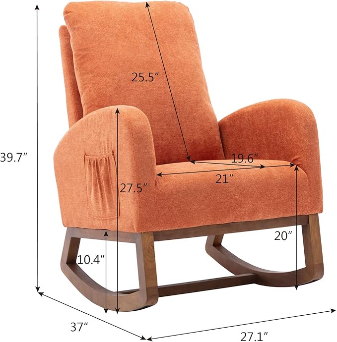 Dolonm Rocking Chair Mid-Century Modern Nursery Rocking Armchair Upholstered Tall Back Accent Glider Rocker for Living Room (Orange)