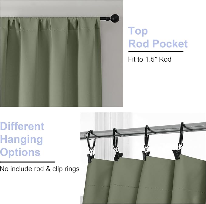 Simplebrand Ava Sage Green Blackout Curtains for Bedroom 84 Inch Length 2 Panels Set, Solid Thermal Insulated Privacy Living Room Window Treatment Curtains Blackout Drapes, W40 x L84 Inch, Sage Green