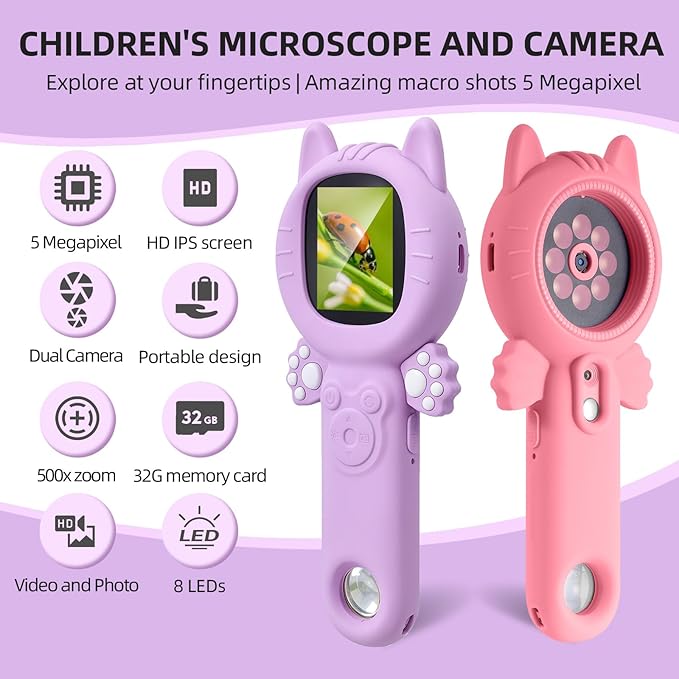 Kids Microscope–500X Digital Pocket Handheld Microscope with Dual Cameras, Autofocus & 32GB Card STEM Educational Toy & Christmas Birthday Gift for Boys & Girls Ages 3 4 5 6 7 8 9 10