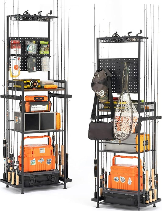 SOYEEZE Fishing Rod Holders for Garage,Fishing Gear Holder for Fishing Rod Tackle Box Storage，Fishing Pole Holders for 12 Rods with Hooks and Pegboard,Fishing Cart with Reel Rack