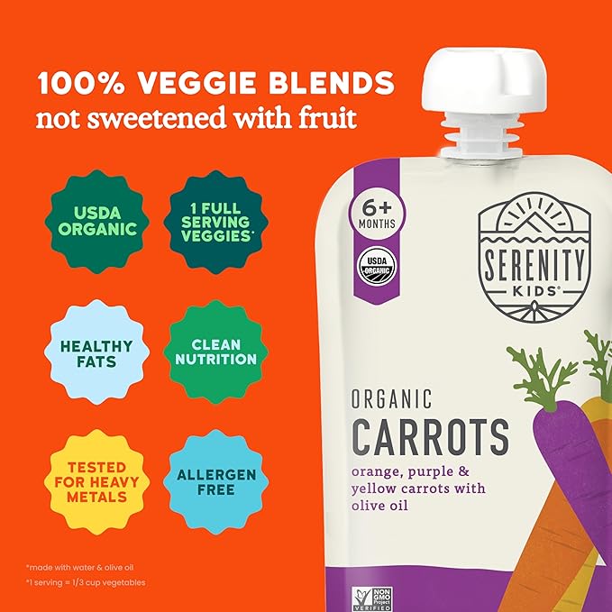 Serenity Kids 6+ USDA Months Organic Carrot Veggie Puree Baby Food Pouches - 3.5 oz Pack of 12 - Organic, BPA-Free & Allergen Free - No Sugary Fruits & No Added Sugar - 3.5 Oz, 12 Pack