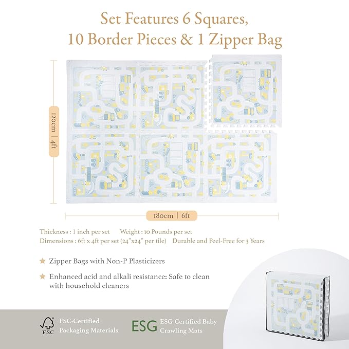 PopsyKosy Premium Baby Foam Play Mats -Stylish Floor & Exercise Puzzle Mat for Toddlers & Kids- 6 Soft, Non-Toxic, Odorless, Peel-Resistant Foam Tiles - 6ft x 4ft -1" inch Extra-Thick, Warm Beige