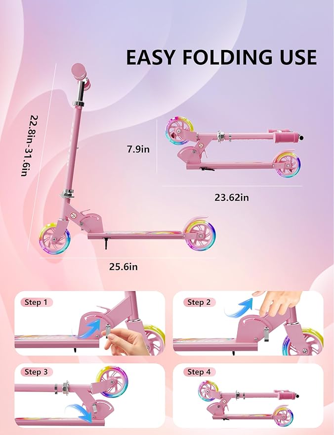 Scooter for Kids Ages 3+, 2 Wheels Kids Kick Scooter with Led Light Up & 3 Levels Adjustable, Lightweight Foldable for Boys&Girls