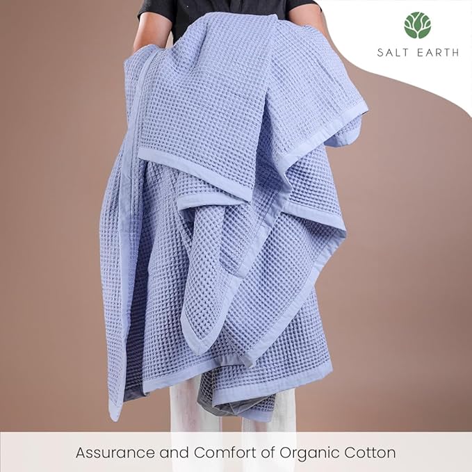 Salt Earth GOTS Certified 100% Organic Cotton Throw Blanket, 108" X 90" Waffle Blankets & Throws for Bed, Throw Blanket for Couch, Modern & Cozy Blanket, All Season Comfy & Soft Blanket(Powder Blue)