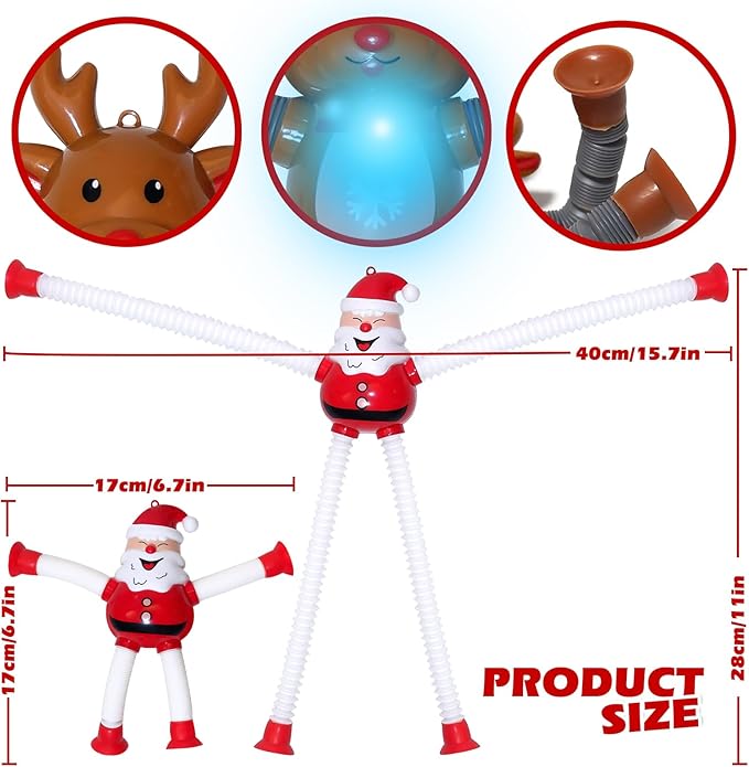 Christmas LED Pop Tubes Light Up 4 Pcs Sensory Fidget Toys, Telescopic Suction Cup Santa Toys Autism Christmas Party Favors Game Prizes Goody Bags Stocking Stuffers Treats for Kids 3+ (Christmas)