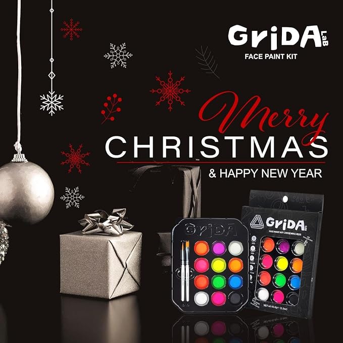 Grida Face Painting Kit for Kids - Grida Professional Party Kit Night Pack with 12 Skin-Safe, Vegan, Cruelty-Free, 2 Art Brushes, 1 Palette - Easy-Remove Face Paint & Glow in Dark Effect